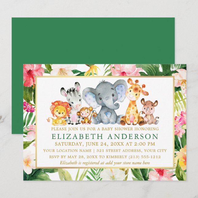 Invitación Baby Shower Watercolor Safari Animales Tropicales (Anverso / Reverso)