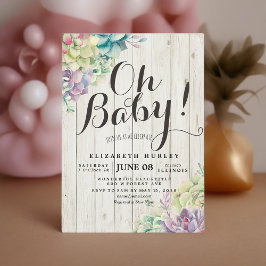 Invitación Baby Shower Watercolor Succulent Plants White Wood