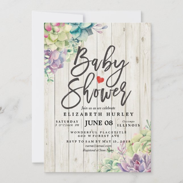 Invitación Baby Shower Watercolor Succulent Plants White Wood (Anverso)