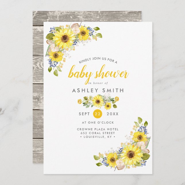 Invitación Baby Shower Watercolor Sunflower Rustic Country (Anverso / Reverso)