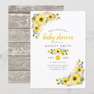 Invitación Baby Shower Watercolor Sunflower Rustic Country