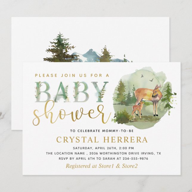 Invitación Baby Shower Watercolor Woodland Deer Greenery (Anverso / Reverso)