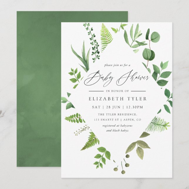 Invitación Baby Shower Watercolor Woodland Forest Greenery (Anverso / Reverso)