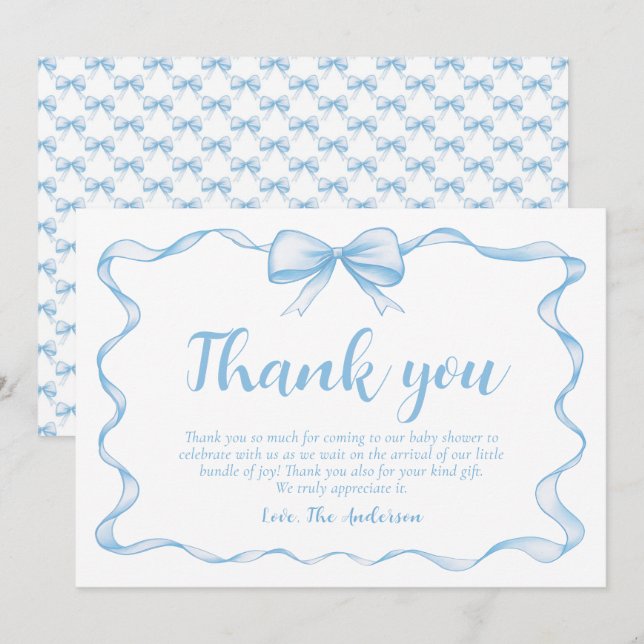 Invitación Baby Shower Wavy Ribbon Frame Dusty Blue Bow (Anverso / Reverso)