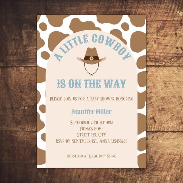 Invitación Baby Shower Western Cowboy Cow Print Boy (cowboy western baby boy shower invitation beige cow print cowboy hat arch baby blue)
