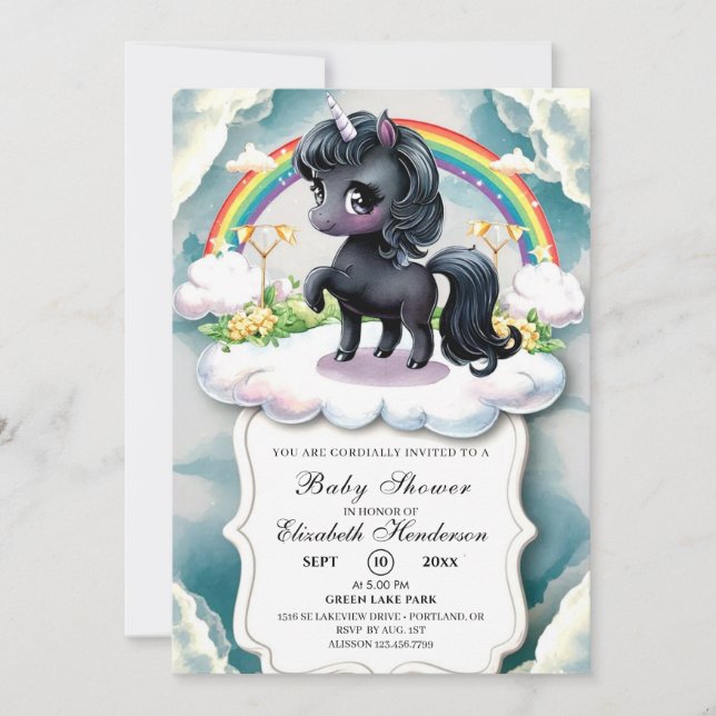 Invitación Baby Shower Whimsical Black Unicorn (Anverso)