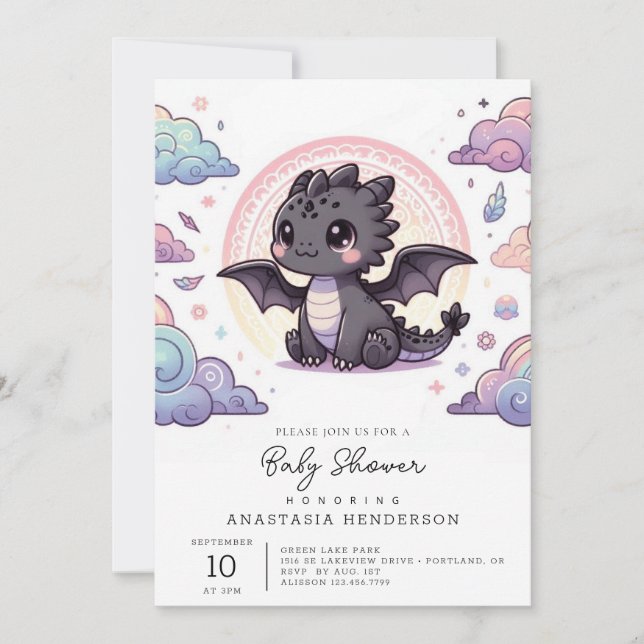 Invitación Baby Shower Whimsical Elegante Dragon (Anverso)