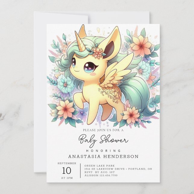 Invitación Baby Shower Whimsical Little Unicorn (Anverso)