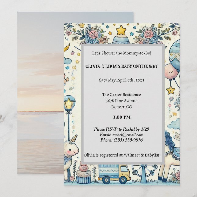 Invitación Baby Shower Whimsical Pastel Blue (Anverso / Reverso)
