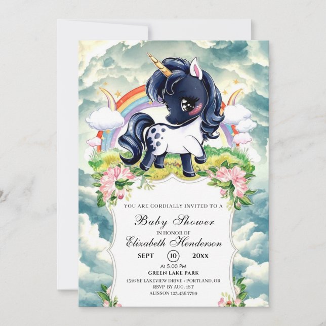 Invitación Baby Shower Whimsical Simple de Unicornio Negro (Anverso)