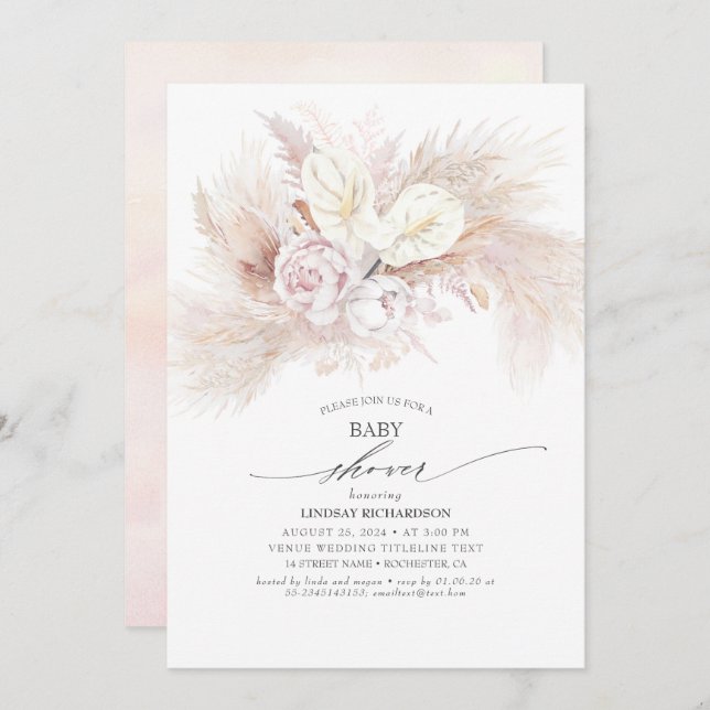 Invitación Baby Shower White Anthurium y Pampas Grass (Anverso / Reverso)