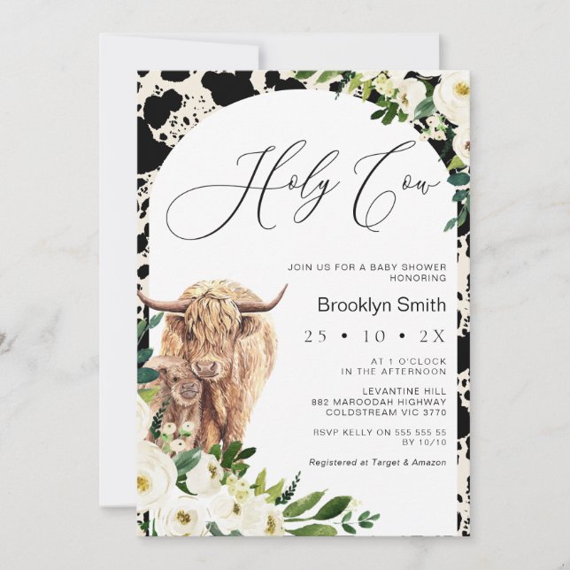 Invitación Baby Shower White Floral Highland Cow (Anverso)