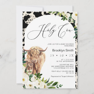 Invitación Baby Shower White Floral Highland Cow