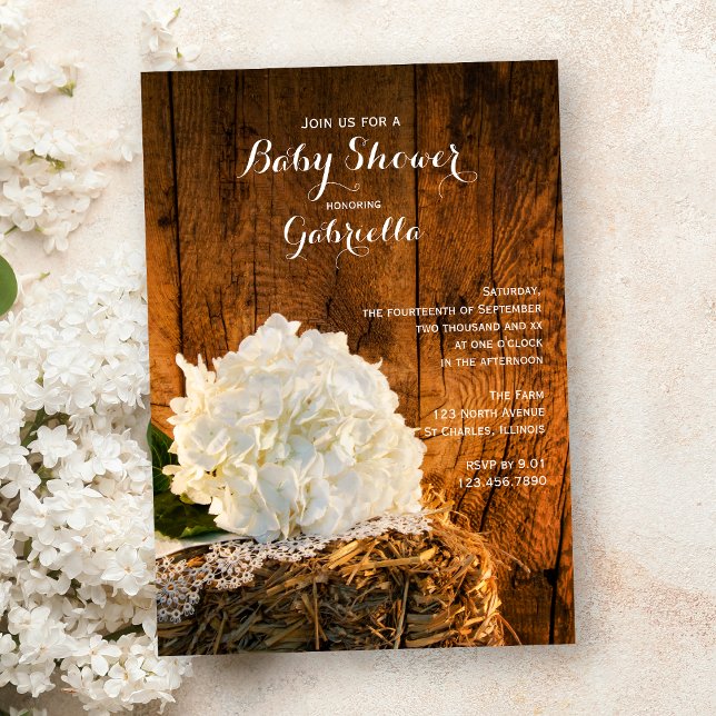 Invitación Baby Shower White Hydrangea and Barn Wood Country (Subido por el creador)
