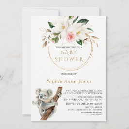 Invitación Baby Shower White Magnolia Gold Cute Koala