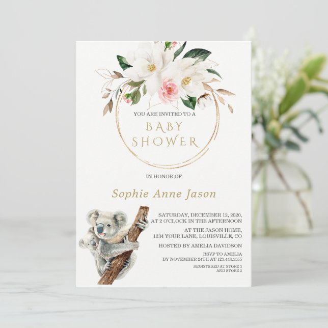 Invitación Baby Shower White Magnolia Gold Cute Koala (Anverso de pie)