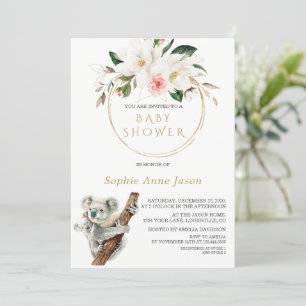 Invitación Baby Shower White Magnolia Gold Cute Koala