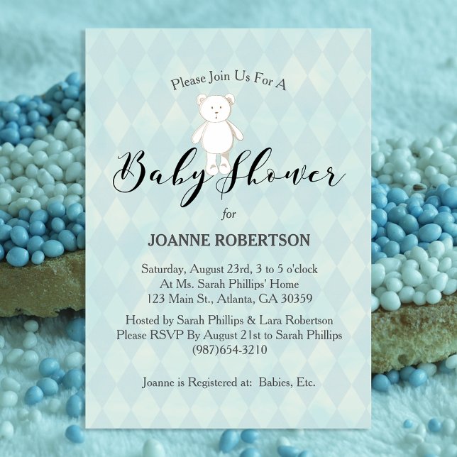 Invitación Baby Shower White Teddy Bear | Diamante azul (Subido por el creador)