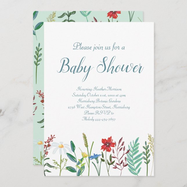 Invitación Baby Shower Wildflowers (Anverso / Reverso)