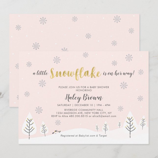 Invitación Baby Shower Wonderland Gold, Silver & Pink Winter (Anverso / Reverso)