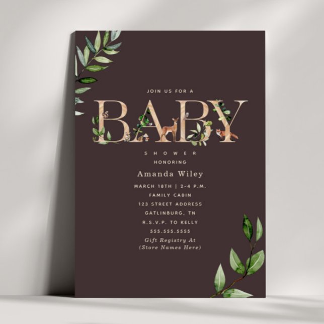Invitación Baby Shower Woodland Animal Lettering Forest Brown (Subido por el creador)
