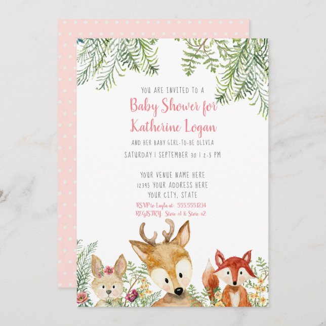 Invitación Baby Shower Woodland Animals Boho Deer Fox Bunny (Anverso / Reverso)