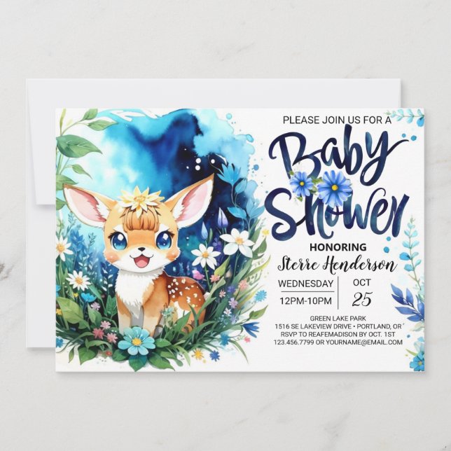 Invitación Baby Shower Woodland Deer Blue Boy (Anverso)