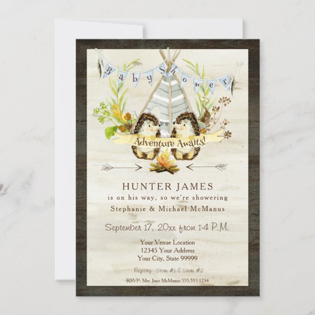 Invitación Baby Shower Woodland Forest Teepee Hedgehog Wood (Anverso)