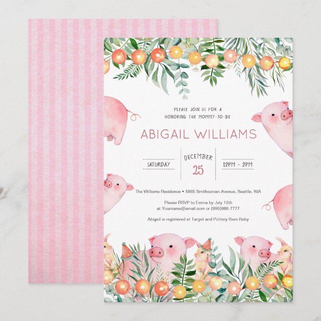 Invitación Baby Shower Woodland Pink Pig & Rabbit (Anverso / Reverso)