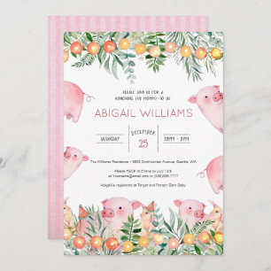 Invitación Baby Shower Woodland Pink Pig & Rabbit