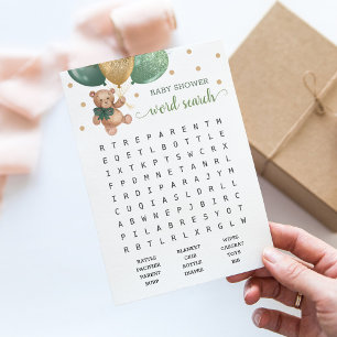 Invitación Baby Shower Word Search Game Teddy Bear Blue Card