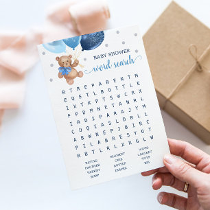Invitación Baby Shower Word Search Game Teddy Bear Blue Card