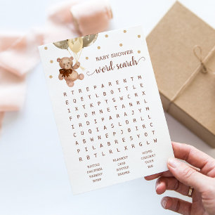 Invitación Baby Shower Word Search Game Teddy Bear Brown Card