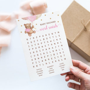 Invitación Baby Shower Word Search Game Teddy Bear Pink Card