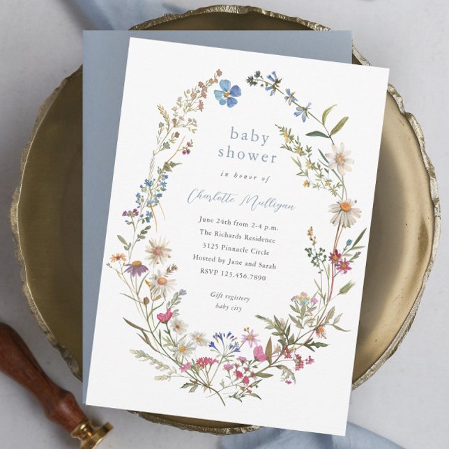 Invitación Baby Shower Wreath Spring Floral Floral (Elegant dusty blue wildflower baby shower invitations.)