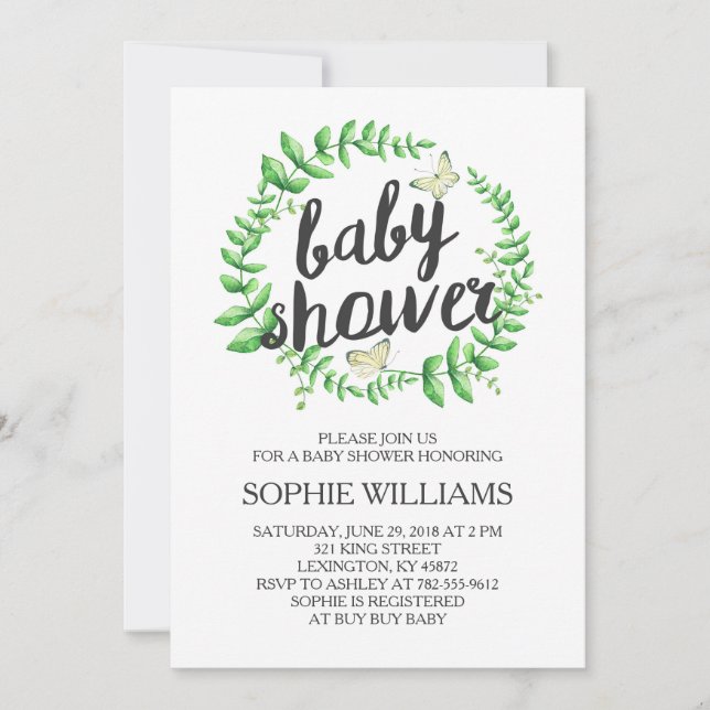Invitación Baby Shower Wreath verde mariposa amarilla (Anverso)