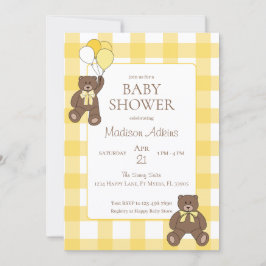 Invitación Baby Shower Yellow and White Plaid Teddy Bears