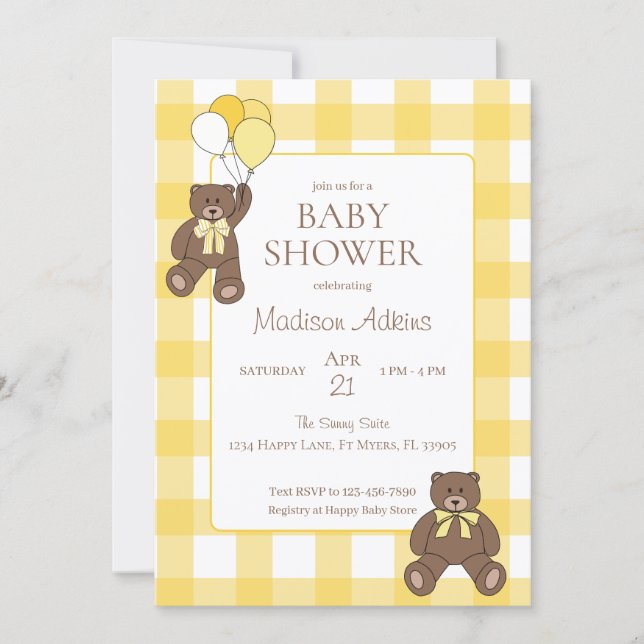 Invitación Baby Shower Yellow and White Plaid Teddy Bears (Anverso)