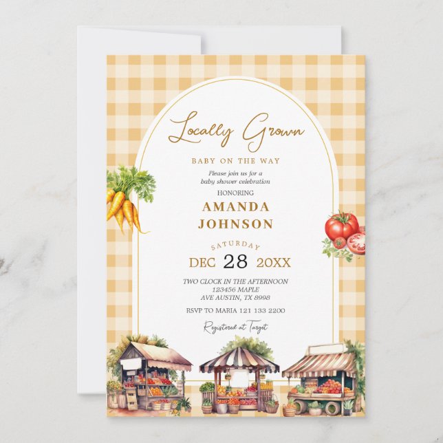 Invitación Baby Shower Yellow Gingham de Veggies locales (Anverso)