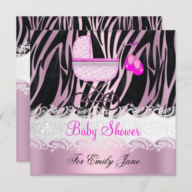 Invitación Baby Shower Zebra Pink White Baby Girl (Anverso / Reverso)