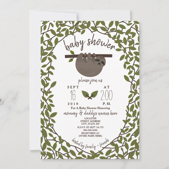 Invitación Baby Sloth Baby Shower Greenery (Anverso)