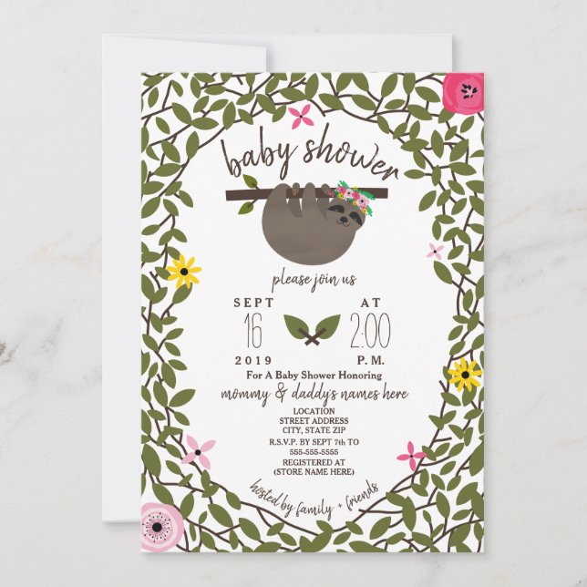 Invitación Baby Sloth Chica Baby Shower Greenery (Anverso)