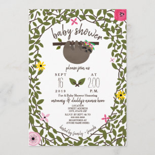 Invitación Baby Sloth Chica Baby Shower Greenery