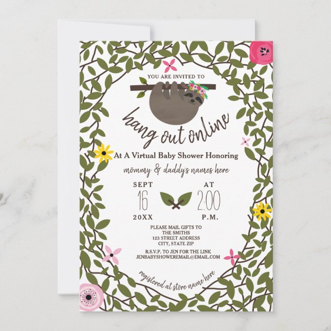 Invitación Baby Sloth Floral Virtual Chica Baby Shower (Anverso)