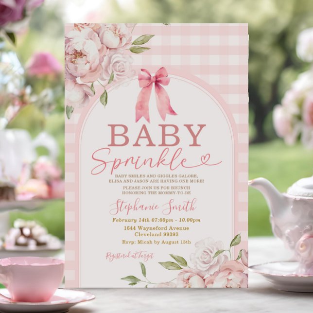 Invitación Baby Sprinkle Pink Gingham Floral Arch Baby Shower (Subido por el creador)