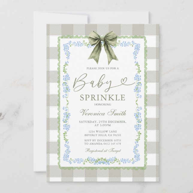 Invitación Baby Sprinkle Sage Gingham Floral Bow Invitation  (Anverso)