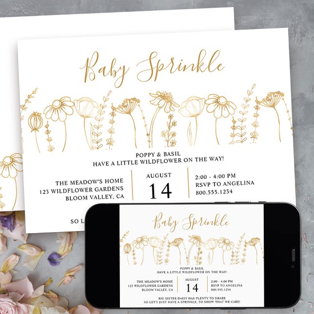 Invitación Baby Sprinkle Wildflower Gold Sketch Baby Shower (little wildflower sprinkle invitation in gold and white - message me to create additional templates)