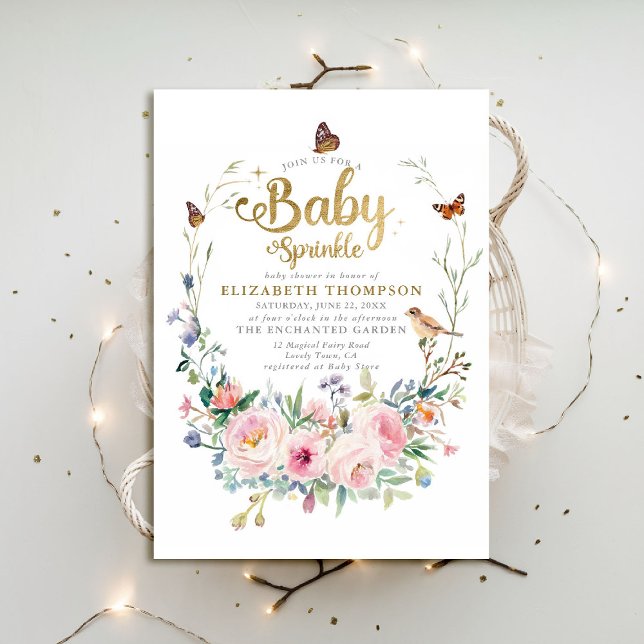 Invitación Baby Sprinkle Wildflowers Butterflies Baby Shower (baby sprinkle baby shower invitation enchanted garden woodland forest spring summer wildflowers)