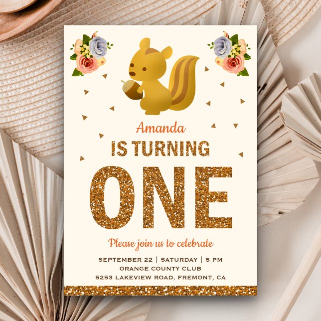 Invitación Baby Squirrel Chicas Woodland Floral First Birday (Subido por el creador)