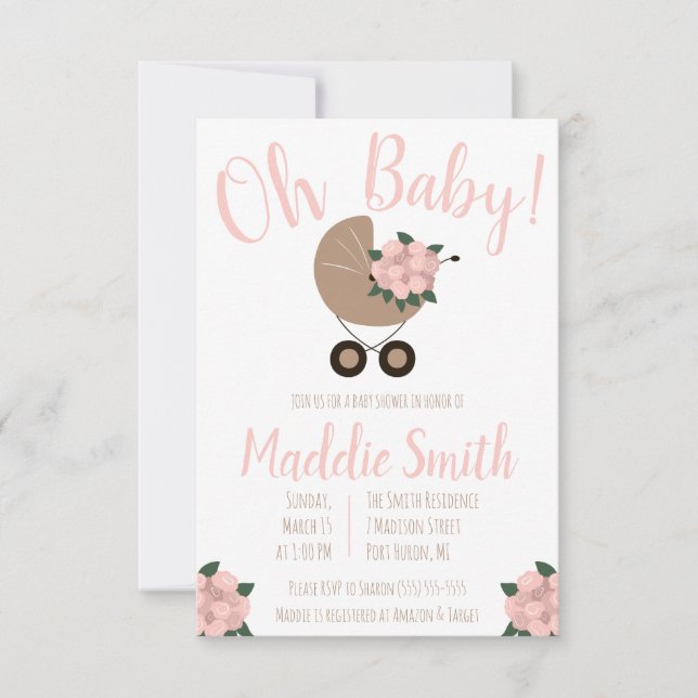 Invitación Baby Stroller con Floral Bouquet Baby Shower (Anverso)